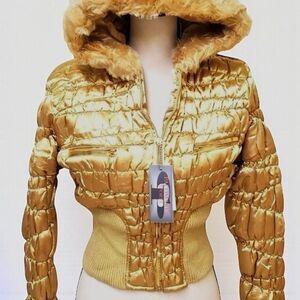 NWT Vintage 90s Palomares Gold Satin Puffer Coat Faux Fur Trim – Rare Size L